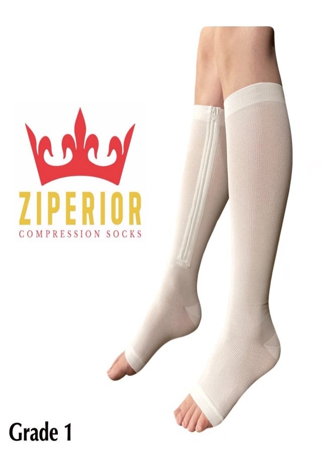 Ziperior جوارب ضاغطة مفتوحة الأصابع من زيبيريور بضغط 15-20 مم زئبق، باللون الأبيض والكحلي والرمادي، مع سحاب داخلي للساق (أبيض، مقاس كبير - كبير جدًا) - Image 2