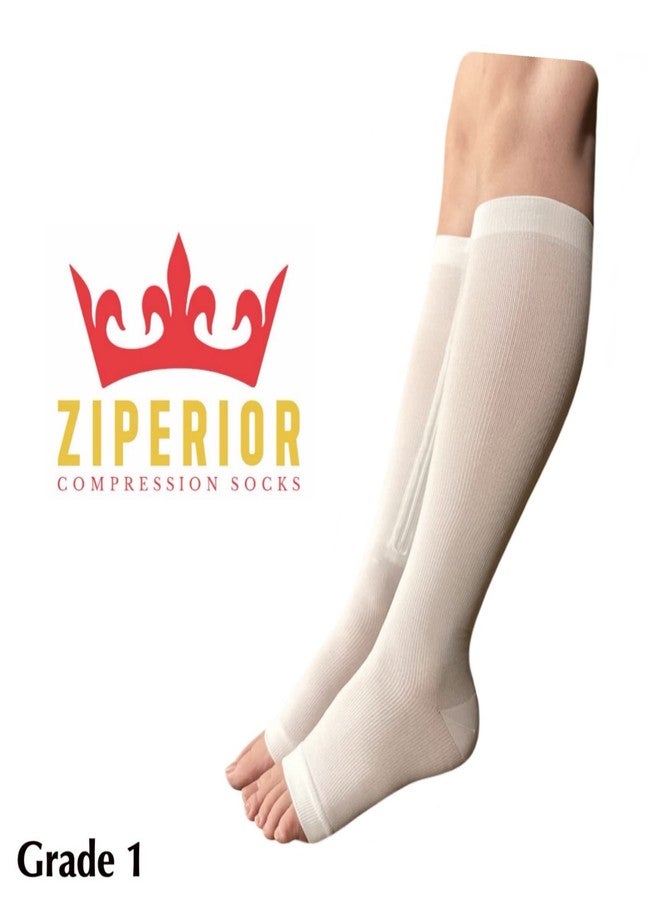 Ziperior جوارب ضاغطة مفتوحة الأصابع من زيبيريور بضغط 15-20 مم زئبق، باللون الأبيض والكحلي والرمادي، مع سحاب داخلي للساق (أبيض، مقاس كبير - كبير جدًا) - Image 3