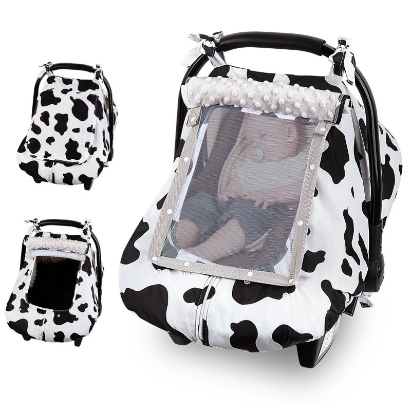 FIOBEE Baby Car Seat Cover, Car Seat Covers for Babies Infant Car Seat Canopy with Breathable Mesh Window Waterproof Carseat Cover for Babies Boy Girl 4 Seasons, White/Cow - Image 1