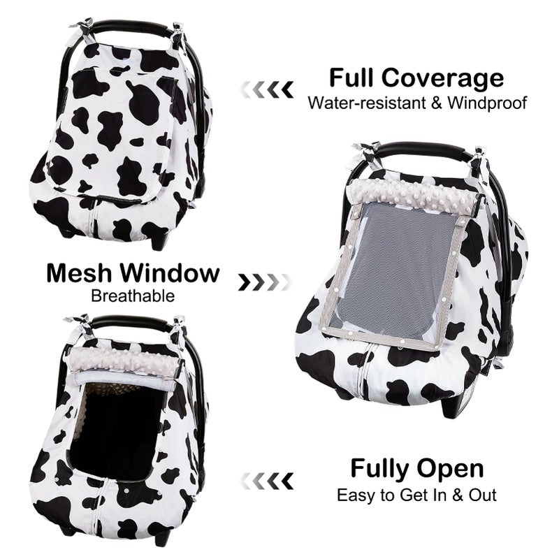 FIOBEE Baby Car Seat Cover, Car Seat Covers for Babies Infant Car Seat Canopy with Breathable Mesh Window Waterproof Carseat Cover for Babies Boy Girl 4 Seasons, White/Cow - Image 3