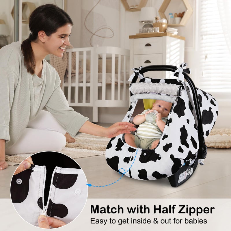 FIOBEE Baby Car Seat Cover, Car Seat Covers for Babies Infant Car Seat Canopy with Breathable Mesh Window Waterproof Carseat Cover for Babies Boy Girl 4 Seasons, White/Cow - Image 2
