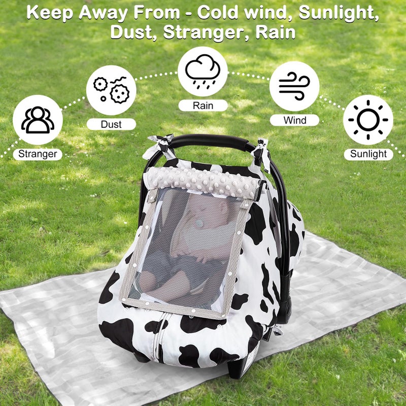 FIOBEE Baby Car Seat Cover, Car Seat Covers for Babies Infant Car Seat Canopy with Breathable Mesh Window Waterproof Carseat Cover for Babies Boy Girl 4 Seasons, White/Cow - Image 5