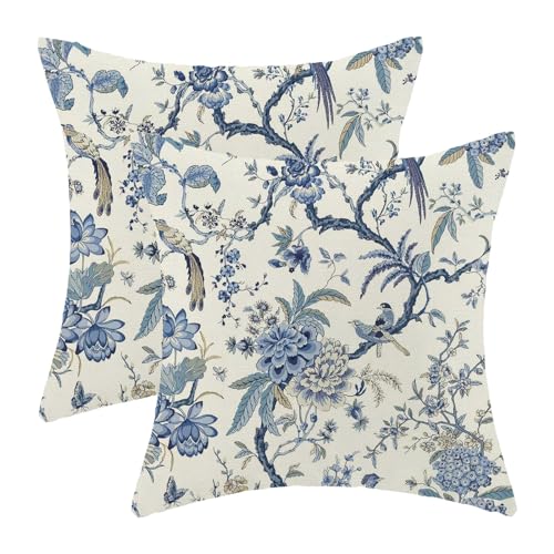 CXMEIFLY Spring Floral Birds Pillow Covers 24 x 24 Inch Set of 2 for Chinoiserie Flowers Decor Throw Pillows Blue and White Plant Outdoor Decorative Cushion Cases for Couch Bed Decorations - Image 1