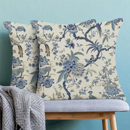 CXMEIFLY Spring Floral Birds Pillow Covers 24 x 24 Inch Set of 2 for Chinoiserie Flowers Decor Throw Pillows Blue and White Plant Outdoor Decorative Cushion Cases for Couch Bed Decorations - Image 2