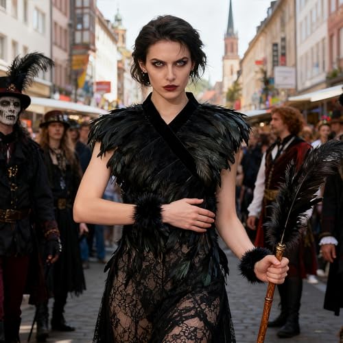 L'VOW Feather Boa Ribbon Punk Gothic Shawl Crow Witch Costume for Halloween（Black） - Image 4