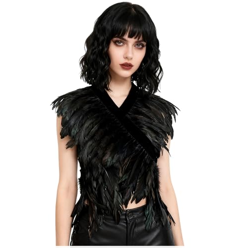L'VOW Feather Boa Ribbon Punk Gothic Shawl Crow Witch Costume for Halloween（Black） - Image 1