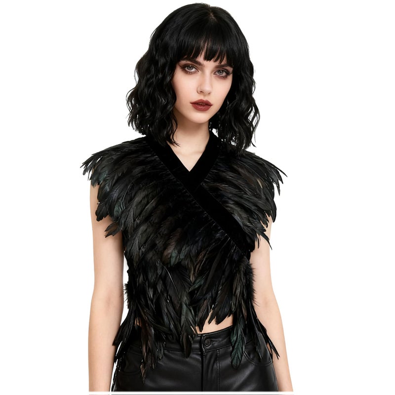 L'VOW Feather Boa Ribbon Punk Gothic Shawl Crow Witch Costume for Halloween（Black） - Image 2