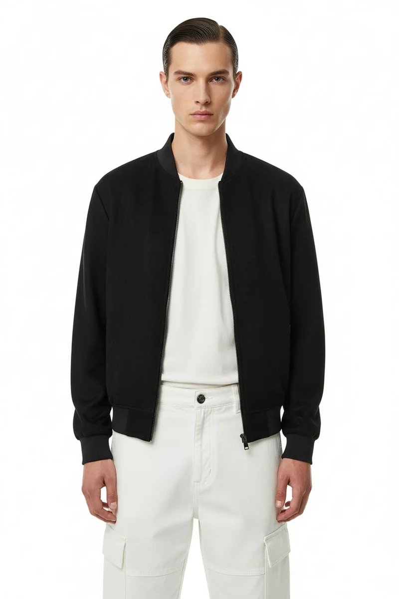NOBERO Black Nobero Suede Touch Bomber Jacket | Men’s Bomber Jacket | Regular Fit | Soft Knitted Suede (Poly-Woven) | Premium Suede-Touch Feel | Gunmetal Zipper + Zippered Side Pockets for Men | Best Price UAE