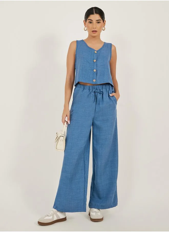 كوزى Solid Cropped Tank Top and Wide Leg Pants Co-Ords