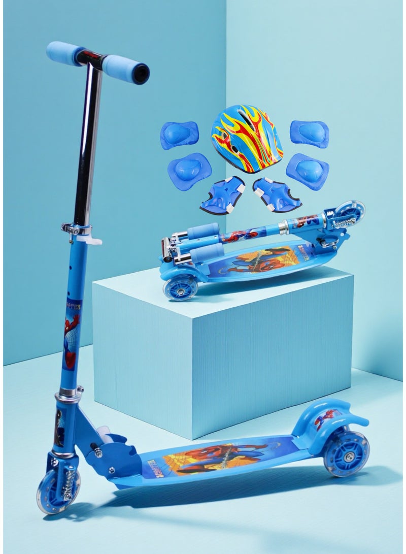 إيزي فيتشور سكوتر ركل سهل الاستخدام للأطفال من عمر 3 إلى 8 سنوات - مقبض قابل للطي وتعديل الارتفاع مع عجلات LED من البولي يوريثان وفرامل خلفية بما في ذلك مجموعة معدات الحماية الكاملة - Image 1