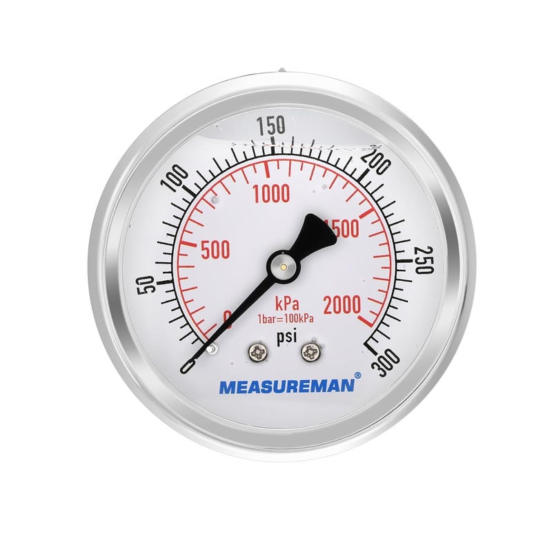 MEASUREMAN مقياس ضغط مملوء بالسائل من ميزورمان، حجم القرص 2-1/2 بوصة، نطاق 0-300 رطل لكل بوصة مربعة/2000 كيلو باسكال، غلاف من الفولاذ المقاوم للصدأ 304، تركيب خلفي 1/4 إنش إن بي تي - Image 1