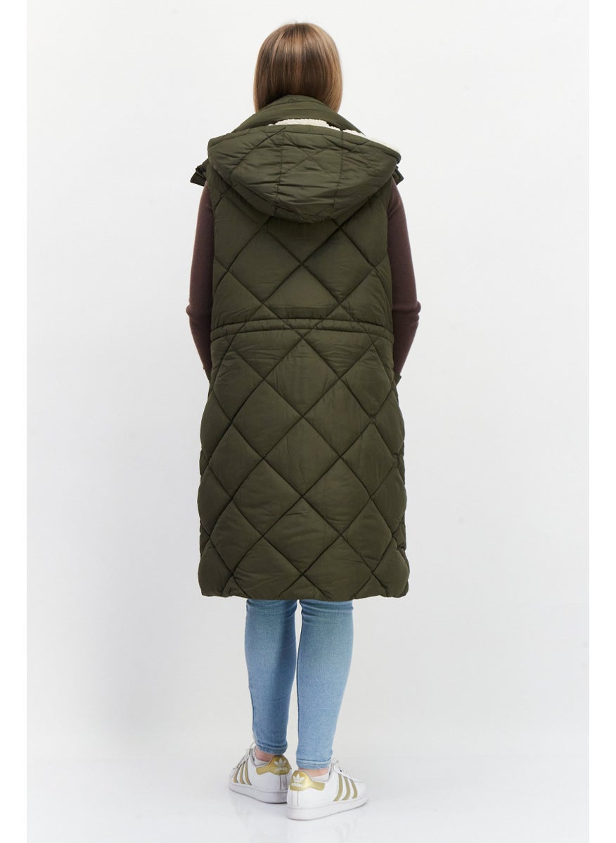 Bcbg - Women Hooded Sleeveless Quilted Long Vest, Dark Olive - Image 1