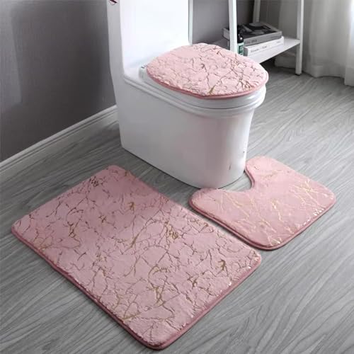 Eanpet Marble Bathroom Rugs and Mats Set 3 Piece Nonslip Pink Bathroom Mats Soft Washable Bath Mat for Bathroom Floor Mats Carpet Water Absorbent Shower Rug with UShaped Contour Rug Toilet Lid Cover - Image 1