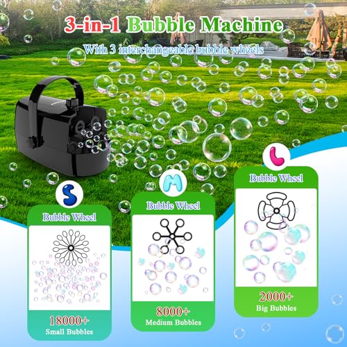Wisdomlit Bubble Machine 3in1 Bubble Maker Bubble Blower with 3 Bubble Wheels Make Small Medium Big Bubbles for Kids Toddlers Bubble Toys for Indoor Outdoor Birthday Party Black - Image 5