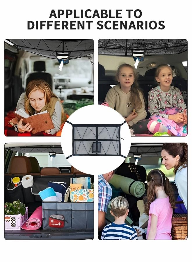 GROIC Car Ceiling Cargo Net Pocket with Upgrad Double Head Zipper and Tissue Pouch, Adjustable Car SUV Roof Net Storage Bag Long Trip Organizers Storage Net with 4 Hooks  - Image 5