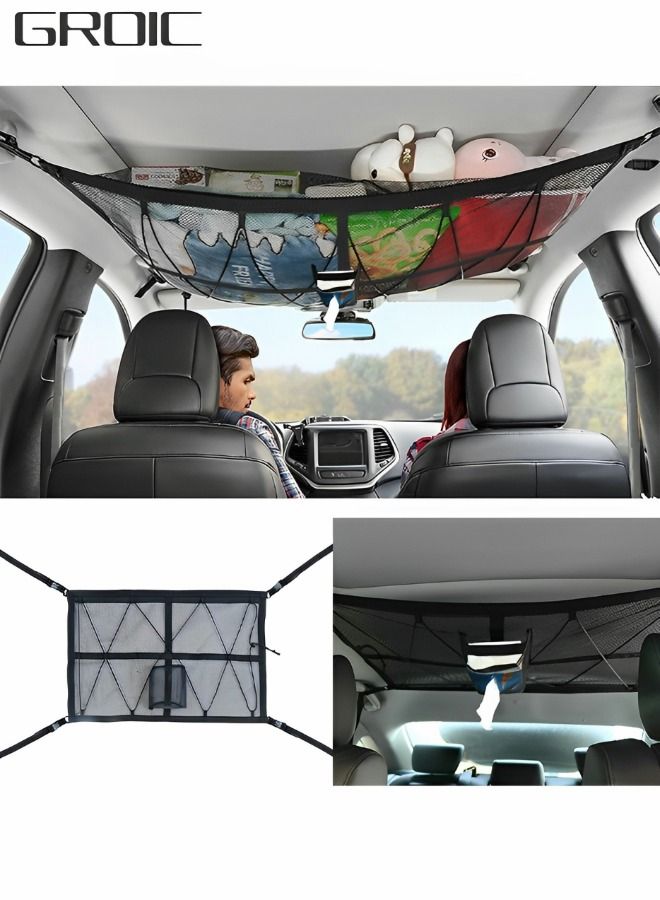 GROIC Car Ceiling Cargo Net Pocket with Upgrad Double Head Zipper and Tissue Pouch, Adjustable Car SUV Roof Net Storage Bag Long Trip Organizers Storage Net with 4 Hooks  - Image 1