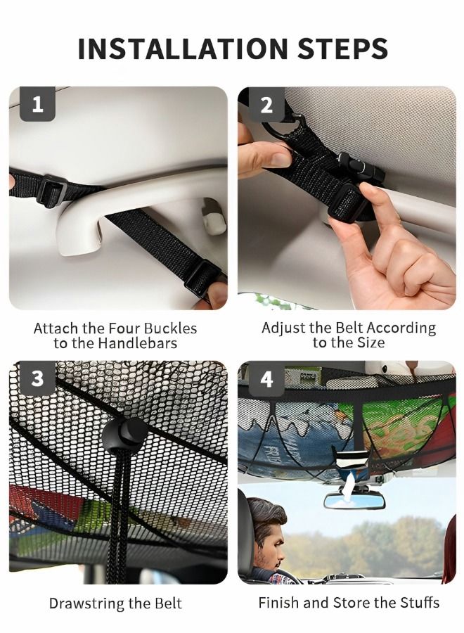 GROIC Car Ceiling Cargo Net Pocket with Upgrad Double Head Zipper and Tissue Pouch, Adjustable Car SUV Roof Net Storage Bag Long Trip Organizers Storage Net with 4 Hooks  - Image 4