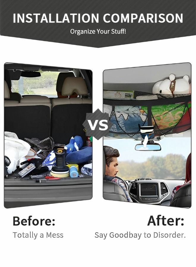 GROIC Car Ceiling Cargo Net Pocket with Upgrad Double Head Zipper and Tissue Pouch, Adjustable Car SUV Roof Net Storage Bag Long Trip Organizers Storage Net with 4 Hooks  - Image 2
