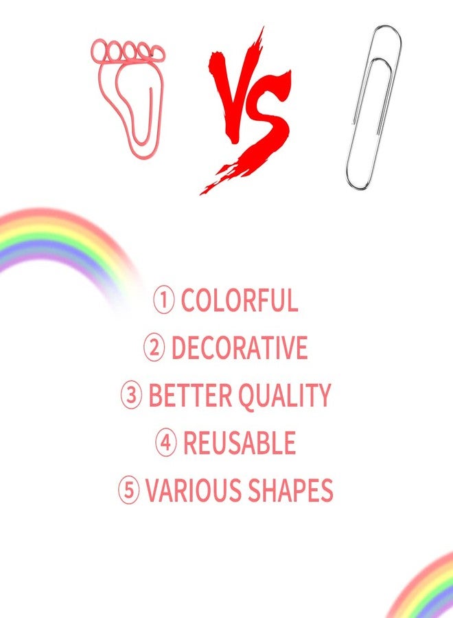 Vuzvuv 100Pcs Rainbow Creative Footprint Paper Clips Assorted Colors Cute Metal Footmark Shaped Bookmark Clips for Party Invitation Card Student Gift Notebook Office Accessories Document Organization - Image 3