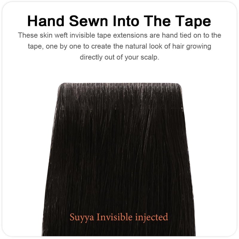 SUYYA Invisible Tape in Hair Extensions Human Hair Natural Black Seamless Injected Hand-Tied Pro Quality Virgin Human Hair 20PCS 40G/Pack Straight Tape Ins(14 inch #1B Off Black) - Image 2
