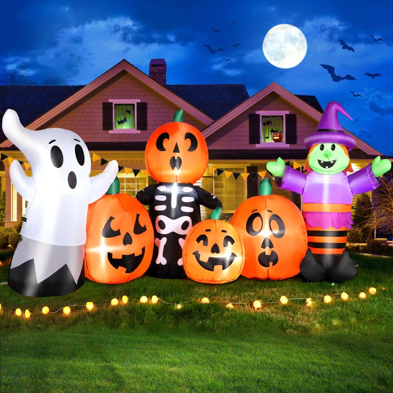8FT Length Halloween Inflatables Pumpkin Outdoor Decoration Witch Ghost with Blow Up Pumpkin Inflatables Decorations Builtin LED Lights Powerful Air Blower for Party Garden Halloween Decor