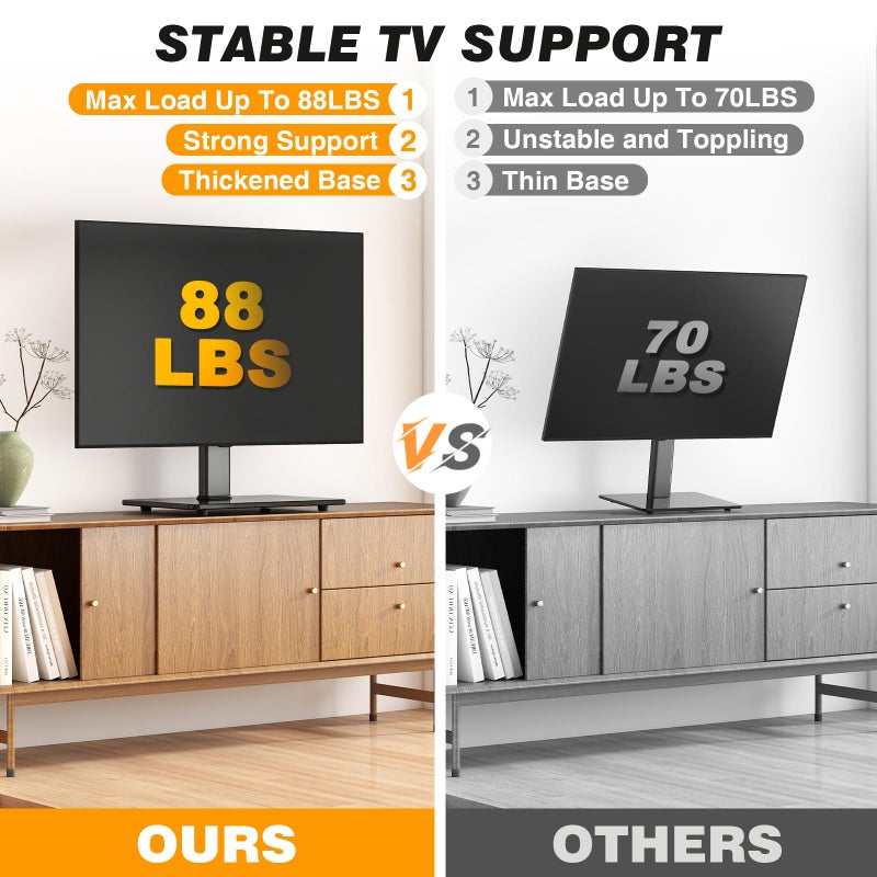5Rcom Universal Swivel TV Stand for 27-60 inch Curved/Flat Screen TVs, Table Top TV Base Replacement Holds up to 88 lbs, Height Adjustable TV Stand Mount with Tempered Glass Base, MAX VESA 400x400mm - Image 2