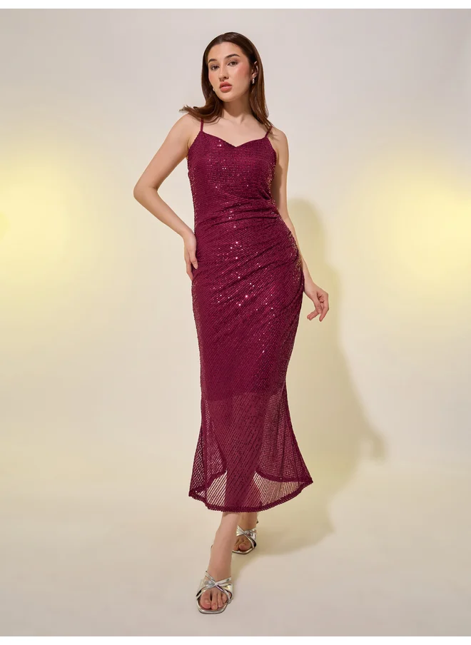 تايك تو Take Two Embellished Sleeveless Side Ruched Sheath Midi Dress