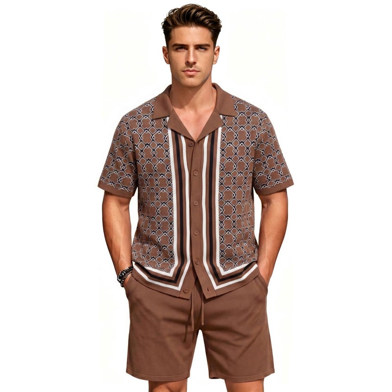 Men's Casual Knit Set with Cuban Collar & Shorts - Image 1