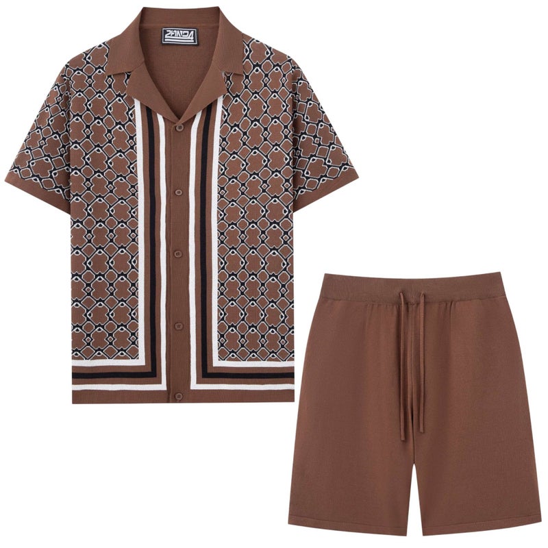 Men's Casual Knit Set with Cuban Collar & Shorts - Image 2