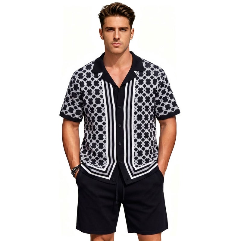 Men's Casual Knit Set with Cuban Collar & Shorts - Image 3