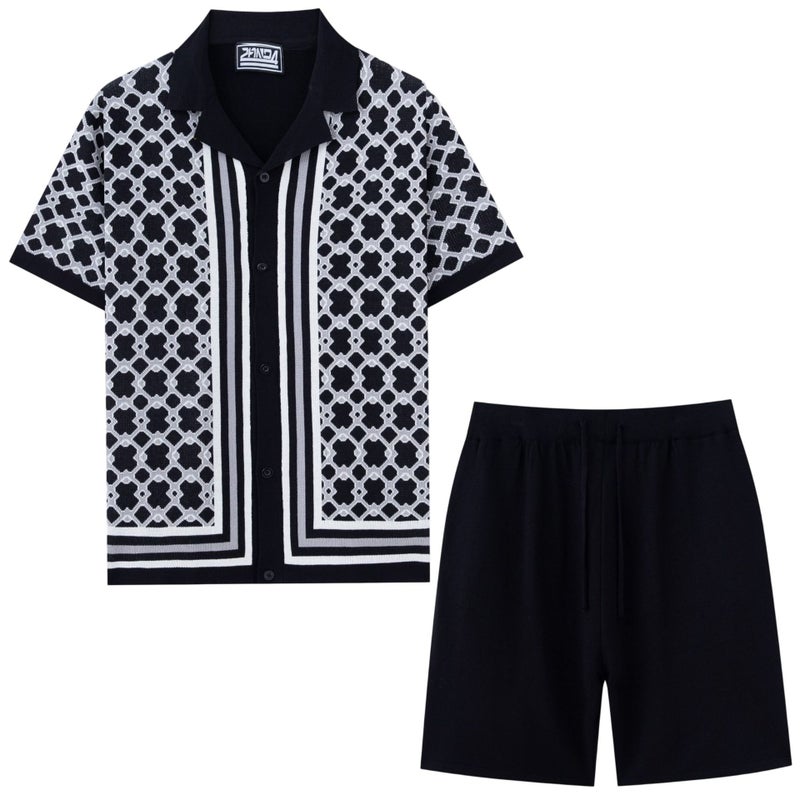 Men's Casual Knit Set with Cuban Collar & Shorts - Image 4