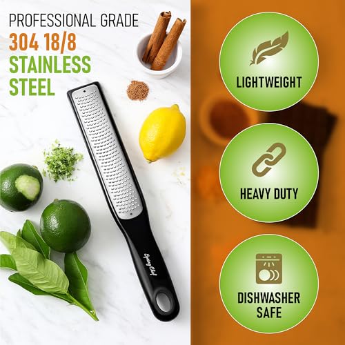 Spring Chef Premium Lemon Zester Grater with Handle - Fruits, Garlic, Chocolate, Nutmeg, Ginger Grater - Heavy Duty Kitchen Tool - Stainless Steel Citrus Zester with Blade Cover - Fine Shred, Black - Image 3