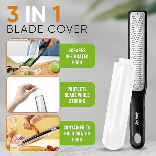 Spring Chef Premium Lemon Zester Grater with Handle - Fruits, Garlic, Chocolate, Nutmeg, Ginger Grater - Heavy Duty Kitchen Tool - Stainless Steel Citrus Zester with Blade Cover - Fine Shred, Black - Image 4