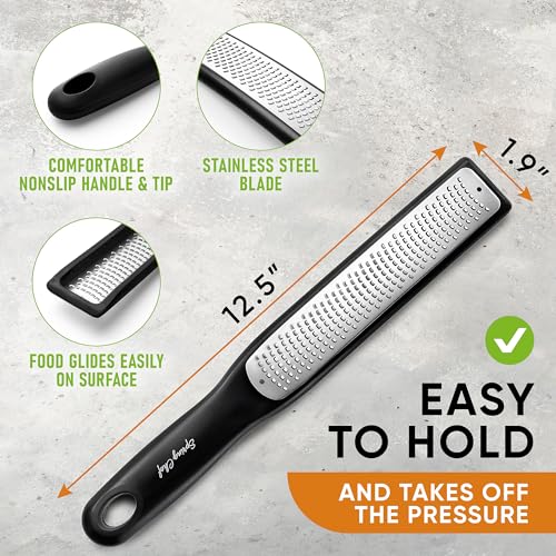 Spring Chef Premium Lemon Zester Grater with Handle - Fruits, Garlic, Chocolate, Nutmeg, Ginger Grater - Heavy Duty Kitchen Tool - Stainless Steel Citrus Zester with Blade Cover - Fine Shred, Black - Image 2