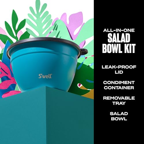 S'well طقم وعاء سلطة من الفولاذ المقاوم للصدأ S'well سعة 64 أونصة، أزرق طاووس، يأتي مع حاوية صغيرة سعة 2 أونصة وصينية قابلة للإزالة للتنظيم، مانعة للتسرب، سهلة التنظيف، آمنة في غسالة الصحون - Image 2