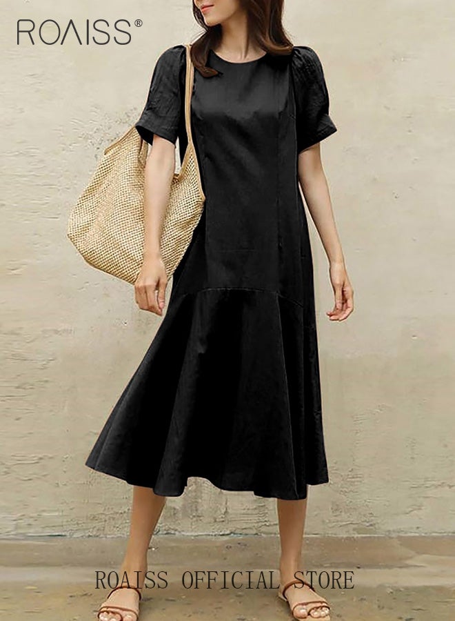roaiss Ladies Comfortable Puff Sleeve Short Sleeve Dress for Daily Commute - Round Neckline Cotton A-Line Dress with Simple Design and Soothing Solid Color Featuring High Waist  - Image 1