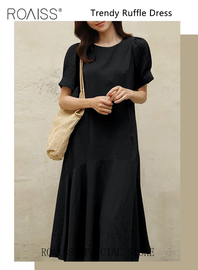 roaiss Ladies Comfortable Puff Sleeve Short Sleeve Dress for Daily Commute - Round Neckline Cotton A-Line Dress with Simple Design and Soothing Solid Color Featuring High Waist  - Image 2