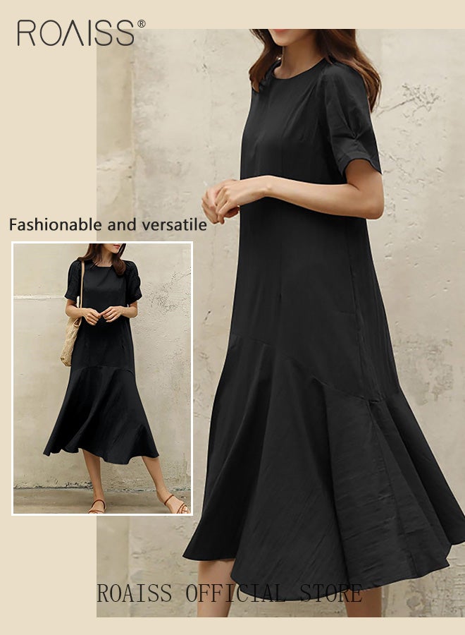 roaiss Ladies Comfortable Puff Sleeve Short Sleeve Dress for Daily Commute - Round Neckline Cotton A-Line Dress with Simple Design and Soothing Solid Color Featuring High Waist  - Image 5