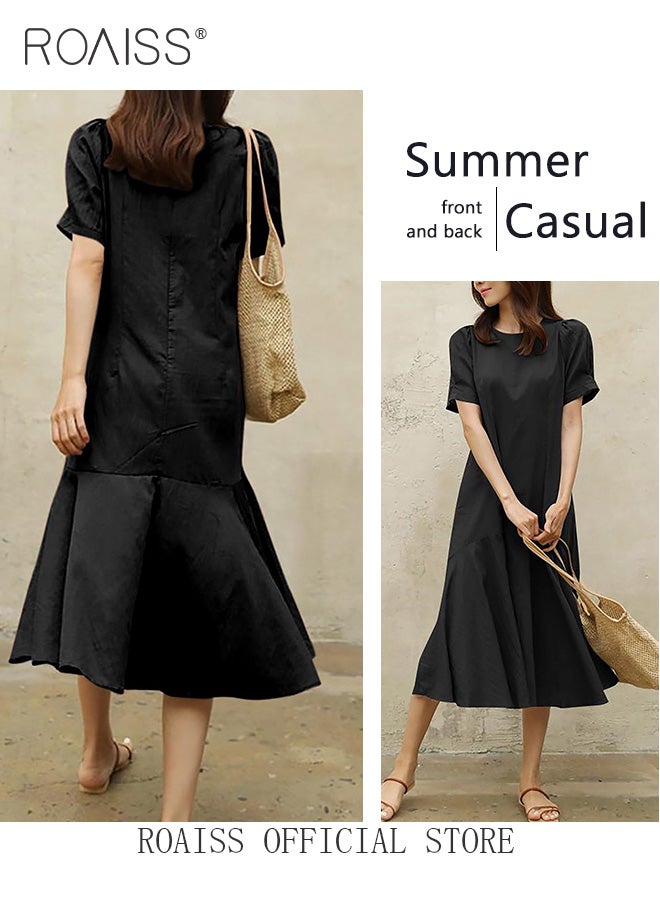 roaiss Ladies Comfortable Puff Sleeve Short Sleeve Dress for Daily Commute - Round Neckline Cotton A-Line Dress with Simple Design and Soothing Solid Color Featuring High Waist  - Image 4