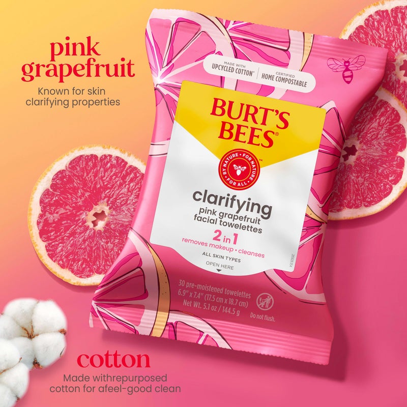 Burt's Bees Stocking Stuffers, Pink Grapefruit Face Wipes, for All Skin Types, Hydrating Makeup Remover & Facial Cleansing Towelettes, Skin Care Christmas Gifts, 30 Ct. (3-Pack) - Image 3