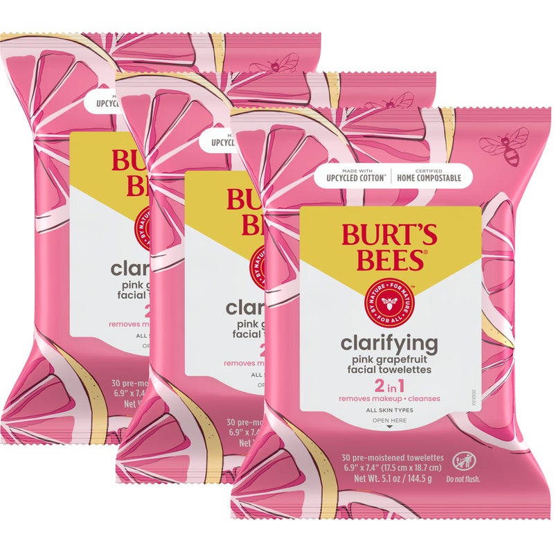 Burt's Bees Stocking Stuffers, Pink Grapefruit Face Wipes, for All Skin Types, Hydrating Makeup Remover & Facial Cleansing Towelettes, Skin Care Christmas Gifts, 30 Ct. (3-Pack) - Image 1