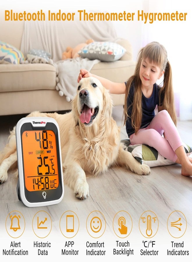 ثيرمو برو مقياس حرارة ورطوبة الغرفة ThermoPro TP358 بتقنية البلوتوث مع ساعة مدمجة، مقياس حرارة داخلي بمستشعر سويسري الصنع مع إضاءة خلفية وتنبيهات، مثالي لغرفة الأطفال، والدفيئة، والمكتب، والقبو - Image 2