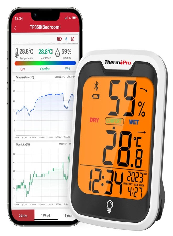 ثيرمو برو مقياس حرارة ورطوبة الغرفة ThermoPro TP358 بتقنية البلوتوث مع ساعة مدمجة، مقياس حرارة داخلي بمستشعر سويسري الصنع مع إضاءة خلفية وتنبيهات، مثالي لغرفة الأطفال، والدفيئة، والمكتب، والقبو - Image 1