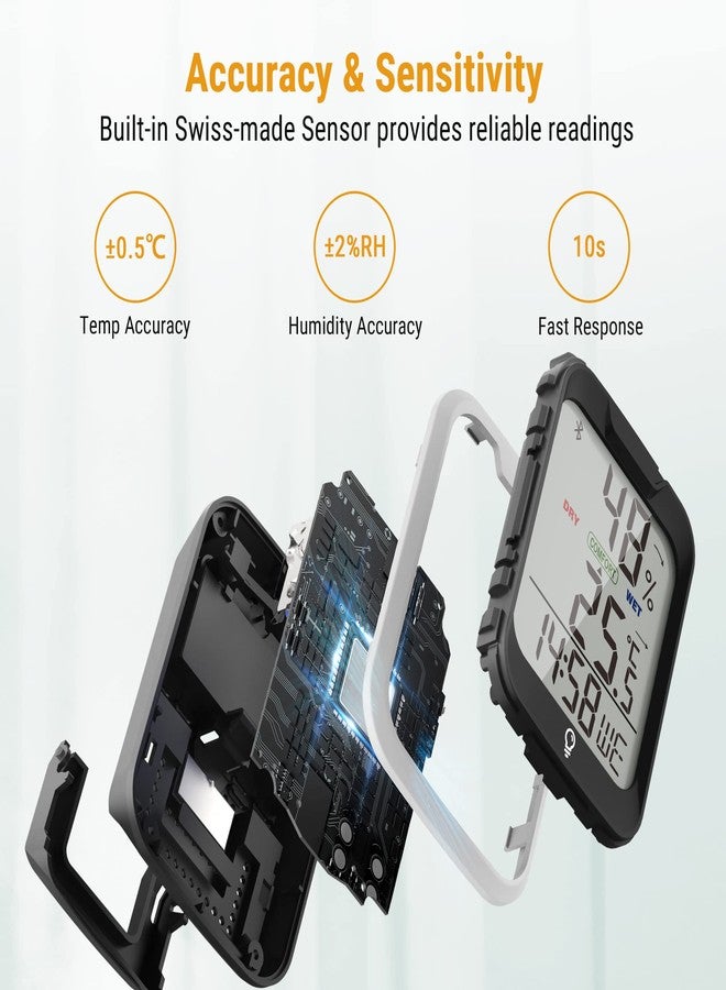ثيرمو برو مقياس حرارة ورطوبة الغرفة ThermoPro TP358 بتقنية البلوتوث مع ساعة مدمجة، مقياس حرارة داخلي بمستشعر سويسري الصنع مع إضاءة خلفية وتنبيهات، مثالي لغرفة الأطفال، والدفيئة، والمكتب، والقبو - Image 3