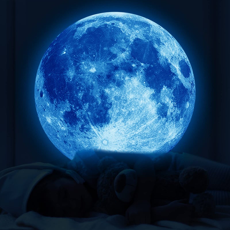 11.8 inch Glow in The Dark Stickers for Kids  Glow in The Dark Moon Wall Decal  Glow in The Dark Moon Stickers for Ceiling Bedroom Wall Living Room  Blue  - Image 1