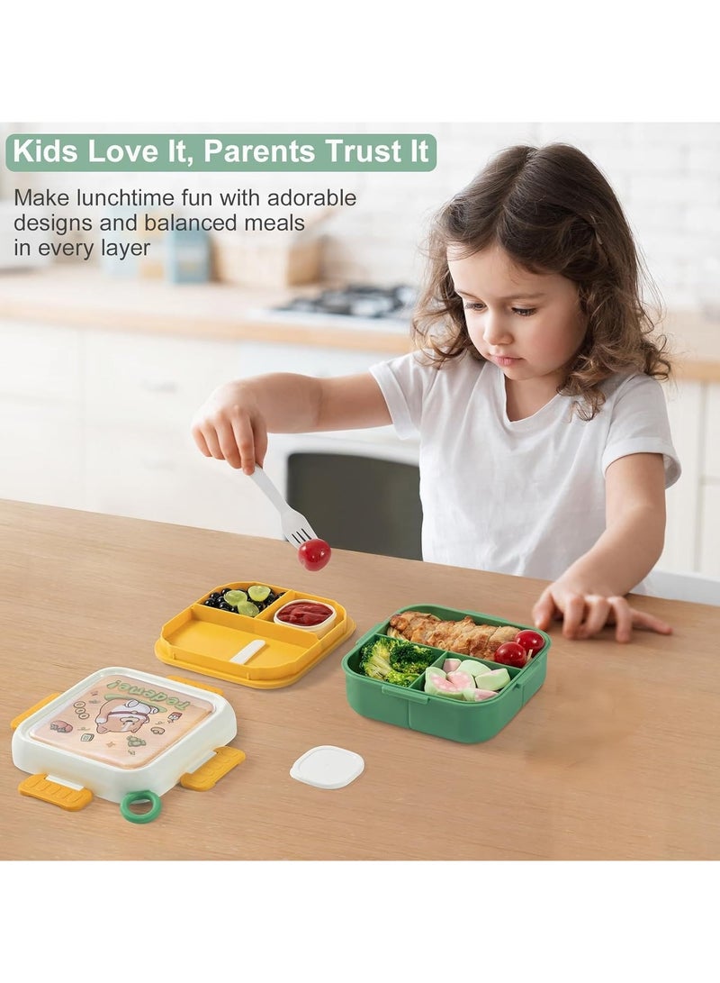 general Children and adults' lunch box - Cute cartoon double-layer insulated lunch box, with fork, sauce cup, BPA-free three-compartment square snack box, with handle, suitable for school, office or travel - Image 2