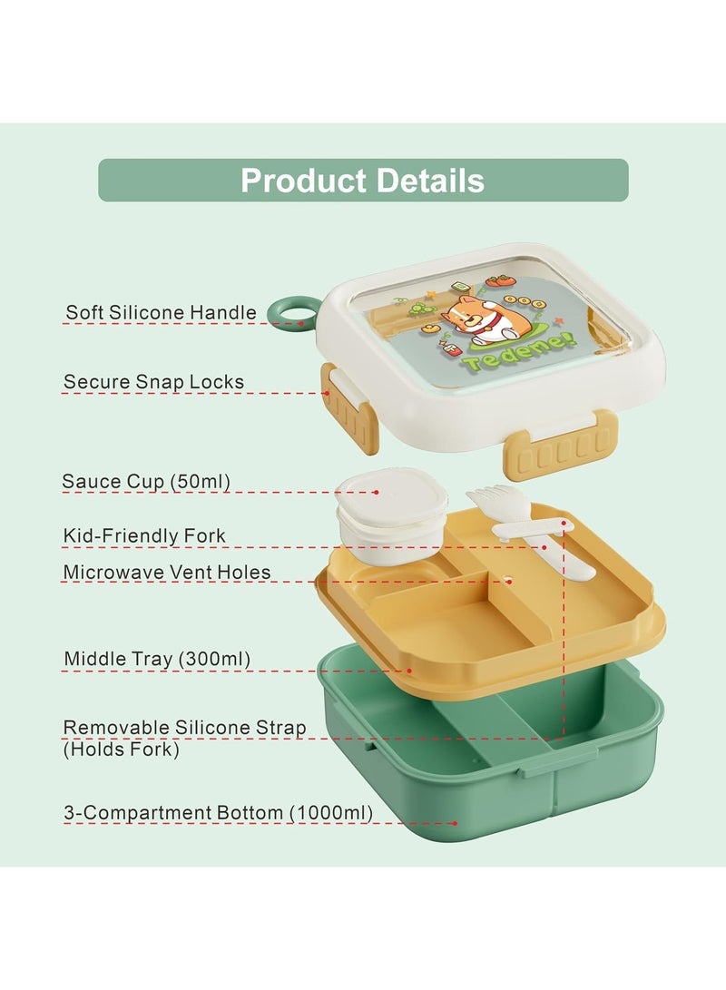 general Children and adults' lunch box - Cute cartoon double-layer insulated lunch box, with fork, sauce cup, BPA-free three-compartment square snack box, with handle, suitable for school, office or travel - Image 3