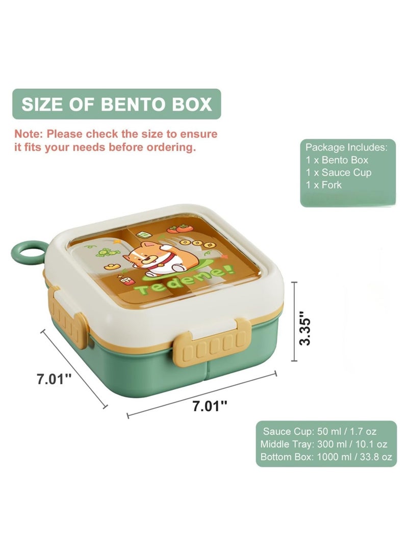 general Children and adults' lunch box - Cute cartoon double-layer insulated lunch box, with fork, sauce cup, BPA-free three-compartment square snack box, with handle, suitable for school, office or travel - Image 4