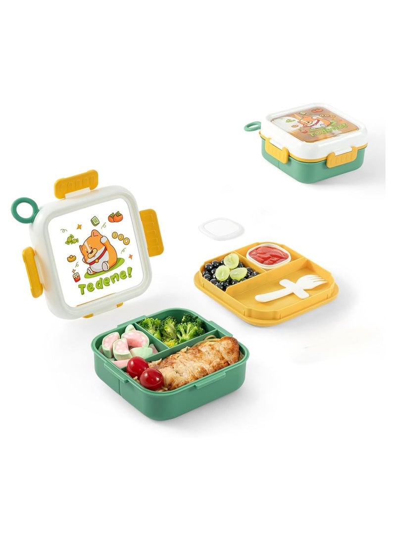 general Children and adults' lunch box - Cute cartoon double-layer insulated lunch box, with fork, sauce cup, BPA-free three-compartment square snack box, with handle, suitable for school, office or travel - Image 1