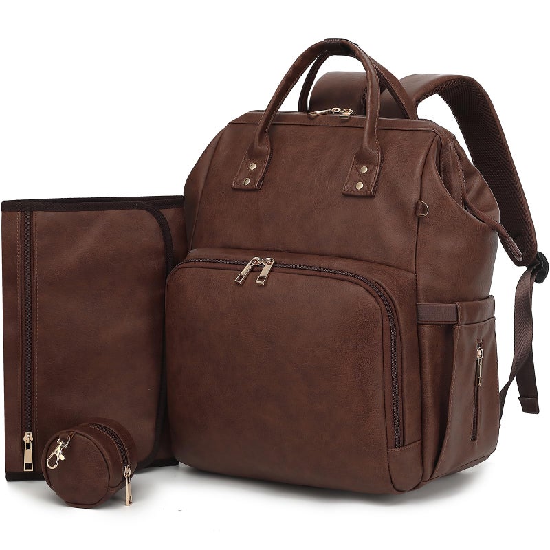 ROSEGIN ROSEGIN Premium Vegan Leather Diaper Bag Backpack with Waterproof Changing Pad Reinforced Stitching Zippers Baby Bag for Boy Girl Stroller Straps Fits 156 Laptop for Work Moms Dark Brown